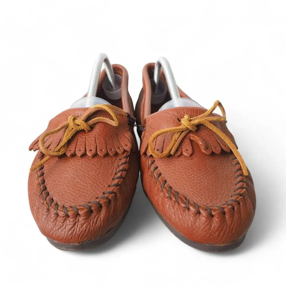 Minnetonka Deerskin Kilty Moc Toe Slip-on Loafers Carmel Brown 232116 Women's 10